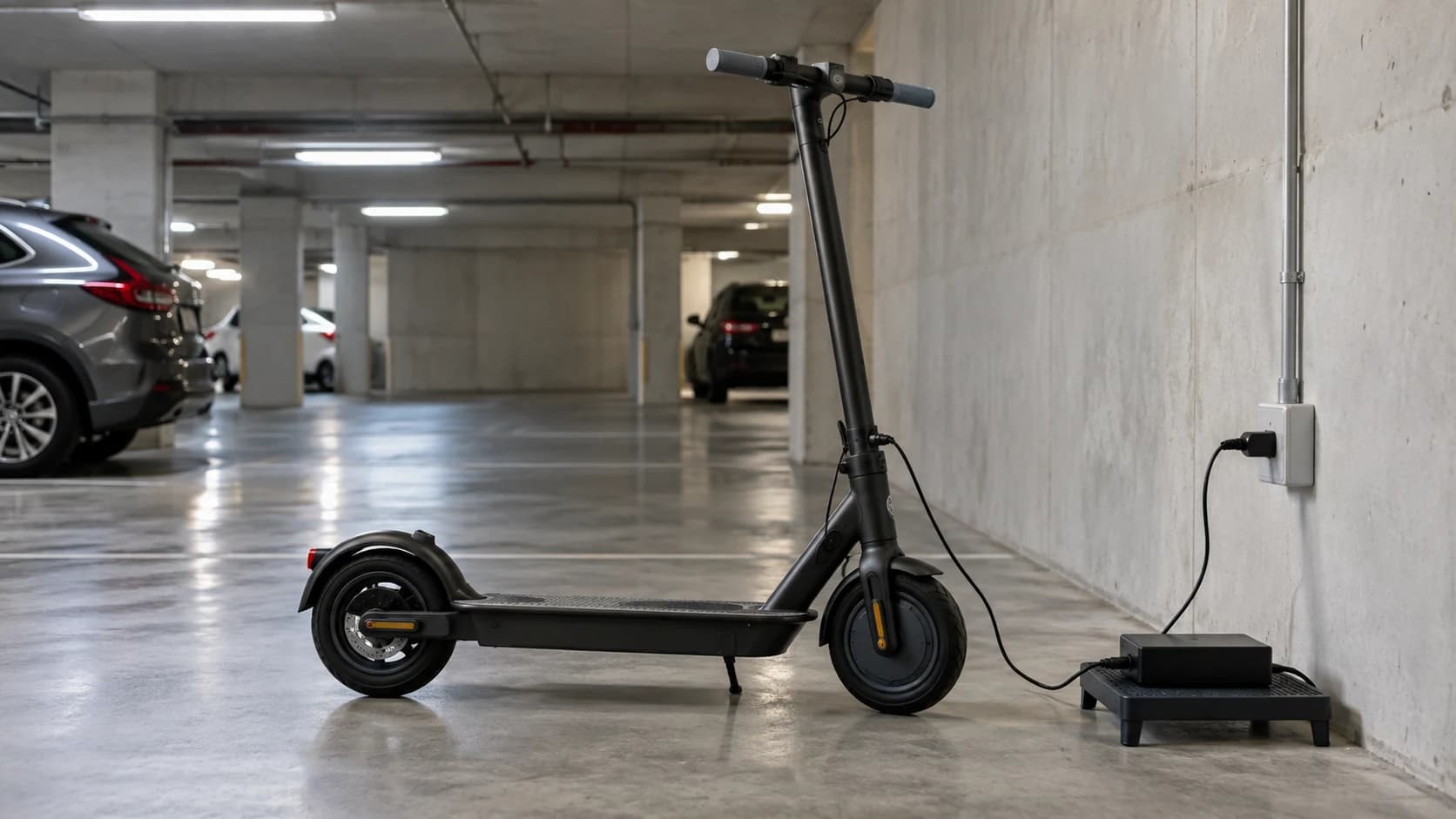scuter electric parcat lângă priză într-un garaj subteran curat fără text vizibil