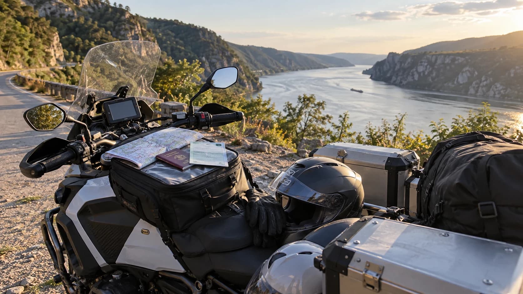 Motocicletă touring cu bagaje lângă Dunăre și documente de călătorie pe tank bag
