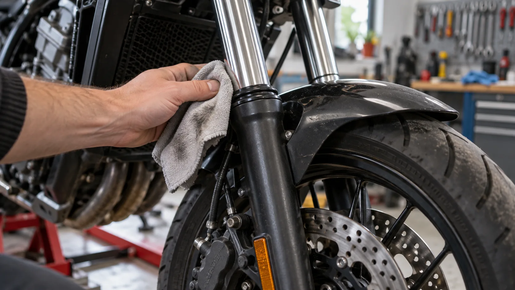 Furcă de motocicletă curățată cu o lavetă într-un atelier, zona simeringului în prim-plan