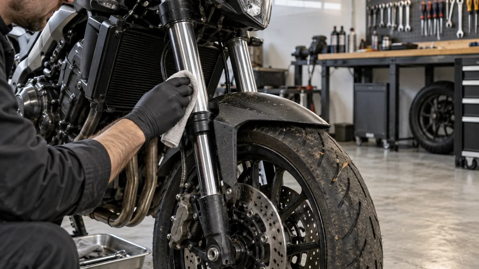 Mecanic care verifică tuburile furcii unei motociclete murdare după drumuri de toamnă