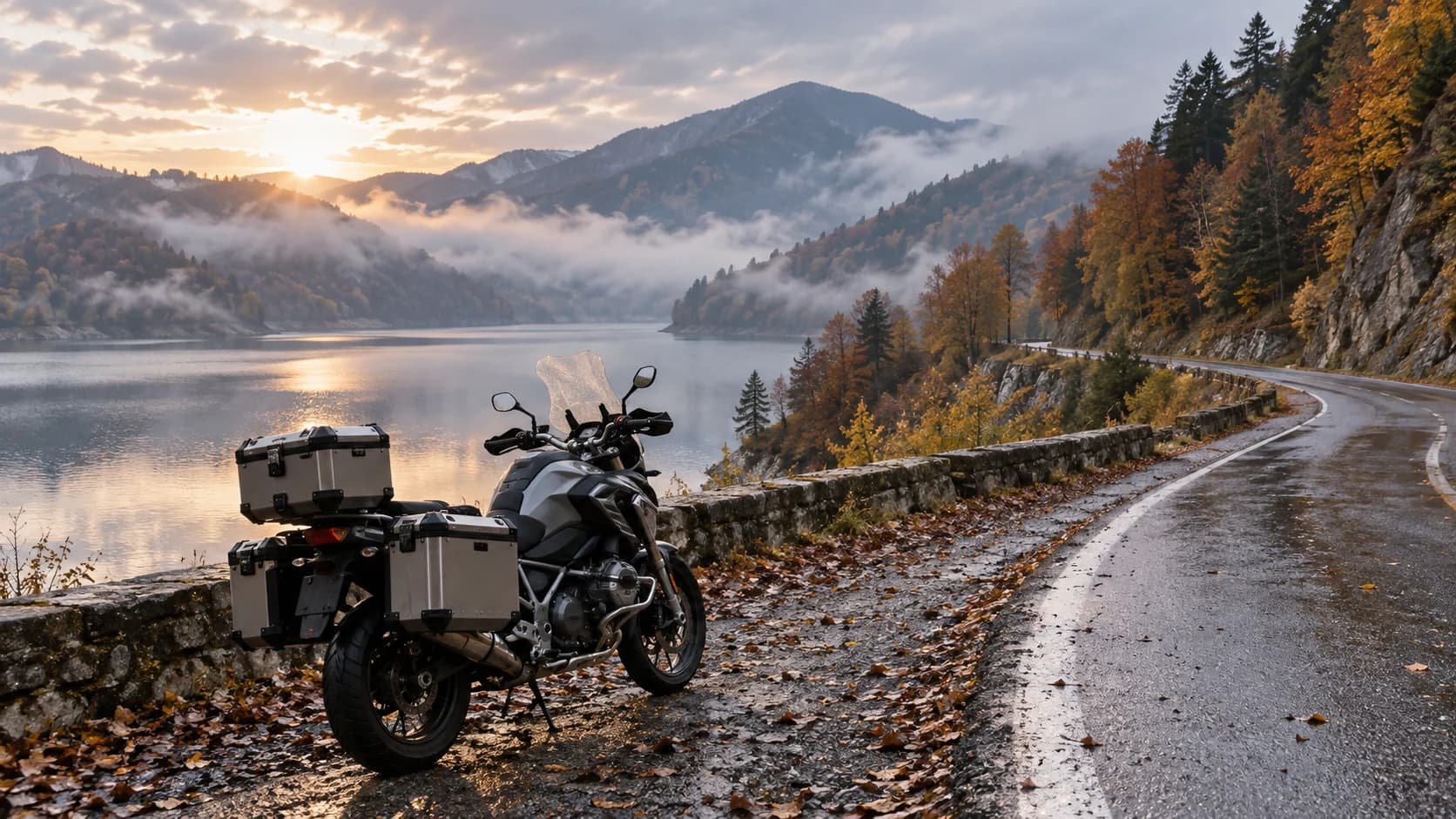 Motocicletă touring pe lângă lacul Siriu într-o dimineață rece de toamnă