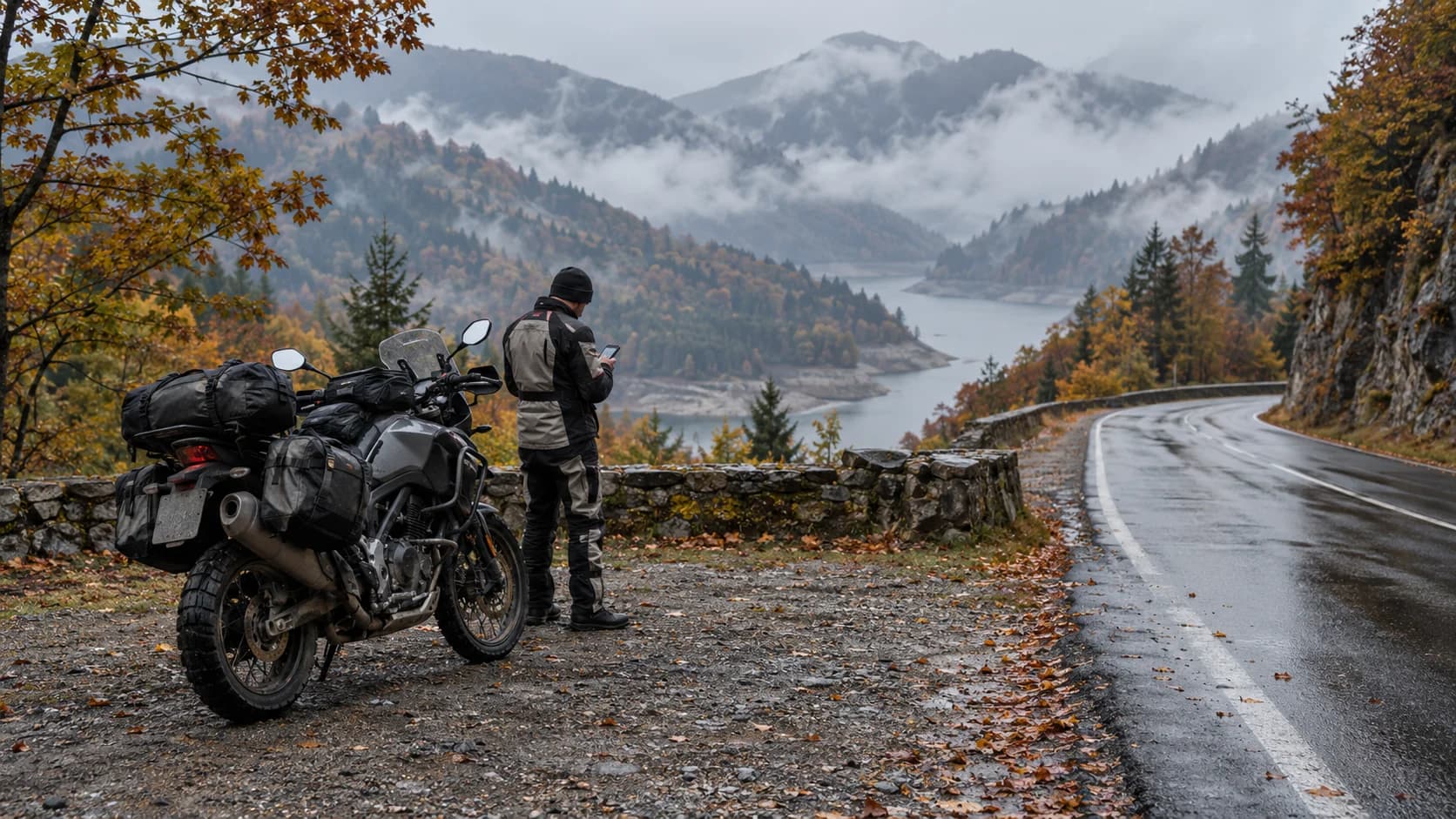 Motocicletă de touring oprită pe un drum montan umed de toamnă