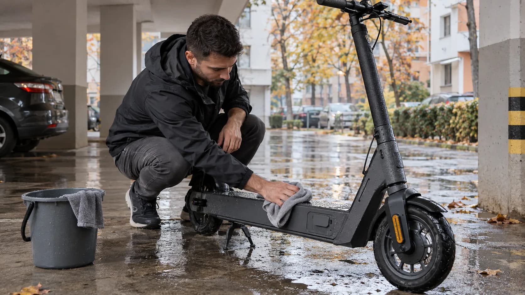Scuter electric șters cu o lavetă după ploaie într-o parcare acoperită