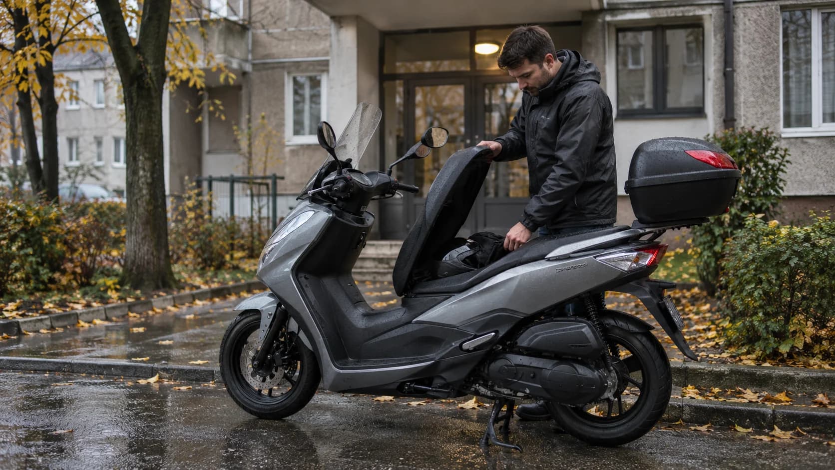 Rider care verifică spațiul sub șaua unui scuter de 125 cmc lângă un bloc pe ploaie