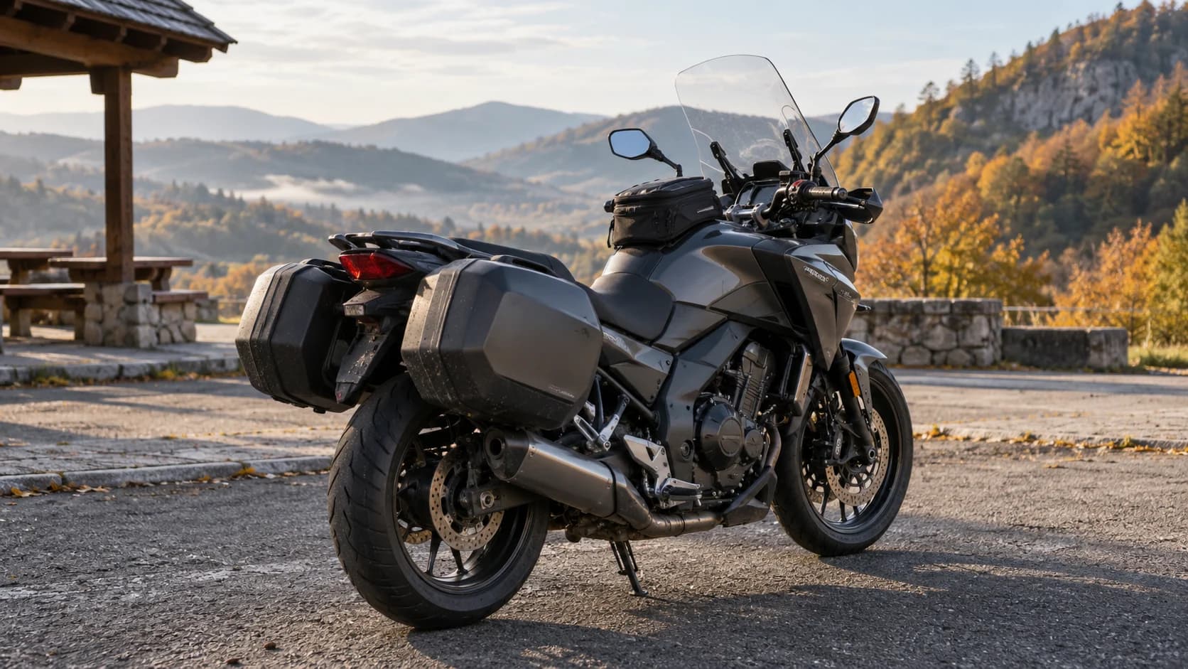 Scenă editorială cu motocicletă sport-touring cu cruise control pe un drum din România, fără text vizibil