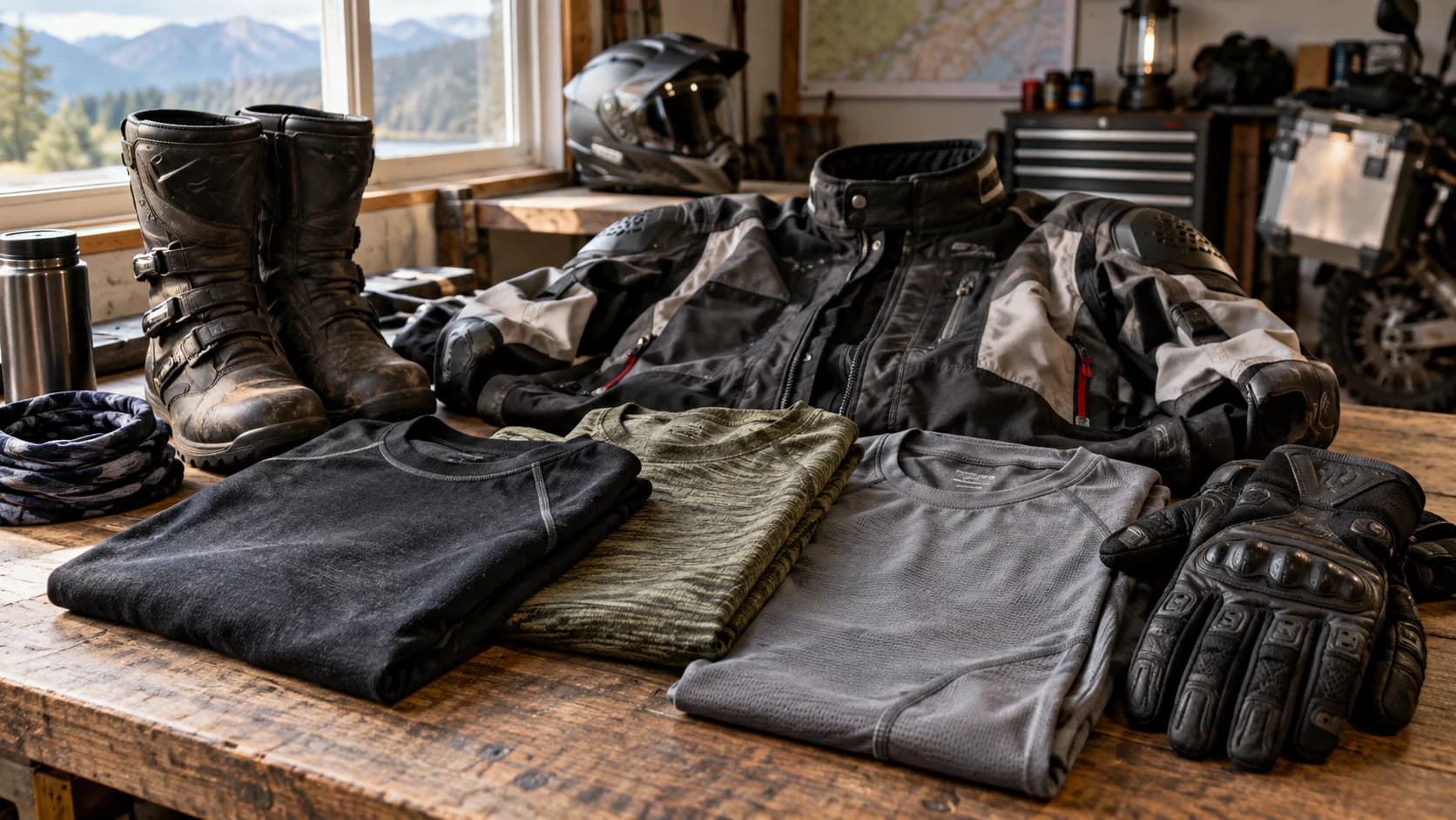 Echipament moto de touring și straturi textile așezate pe o bancă de service