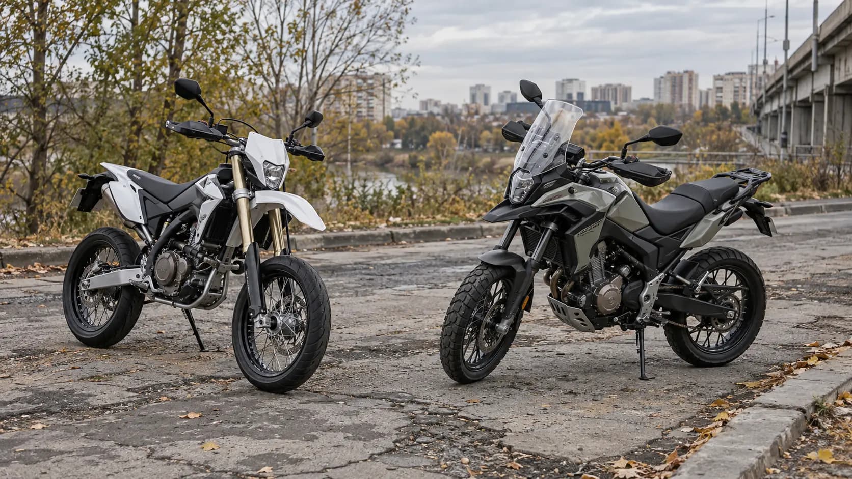 Motocicletă supermoto și motocicletă adventure ușoară parcate pe asfalt denivelat la marginea orașului