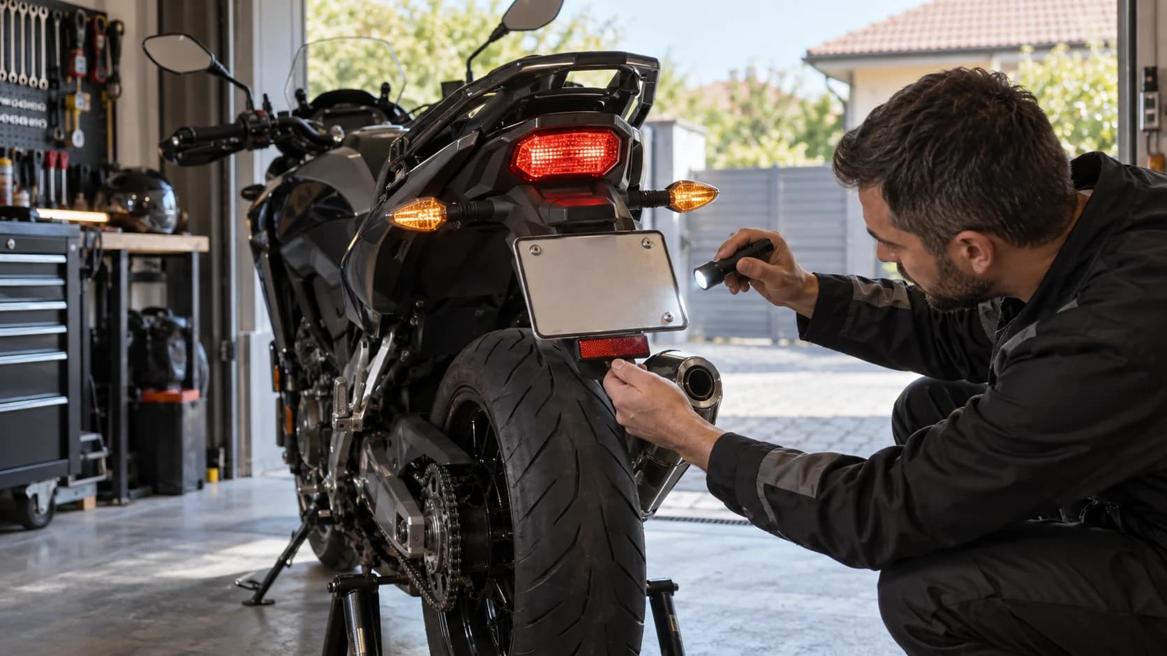 Mecanic verificând numărul, catadioptrul și luminile spate ale unei motociclete