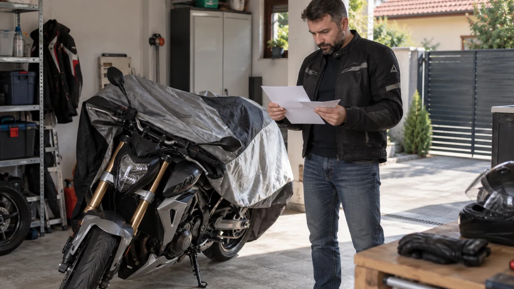 Motocicletă parcată într-un garaj privat lângă documente de asigurare