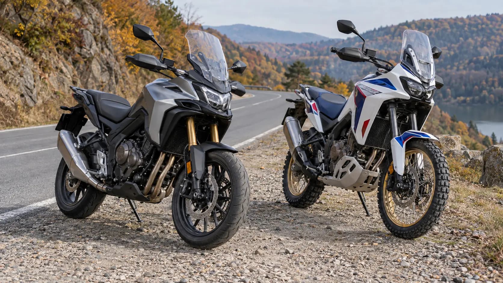 Două motociclete adventure medii oprite pe marginea unui drum de munte