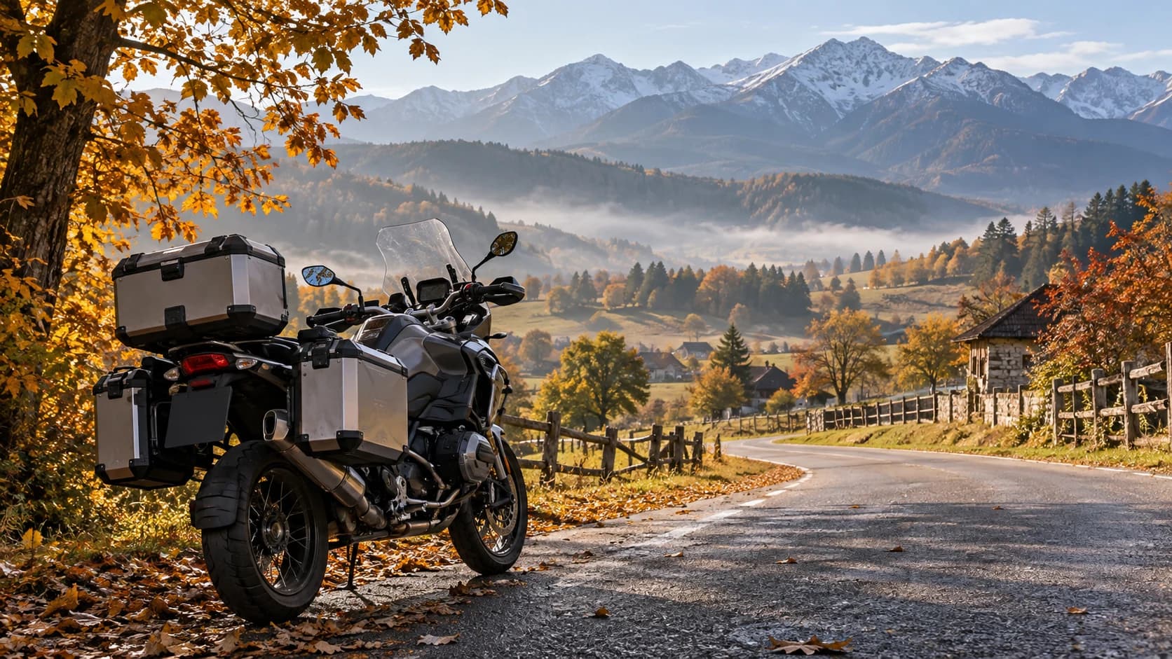Motocicletă touring pe un drum de toamnă în zona Țara Hațegului, cu munți în fundal