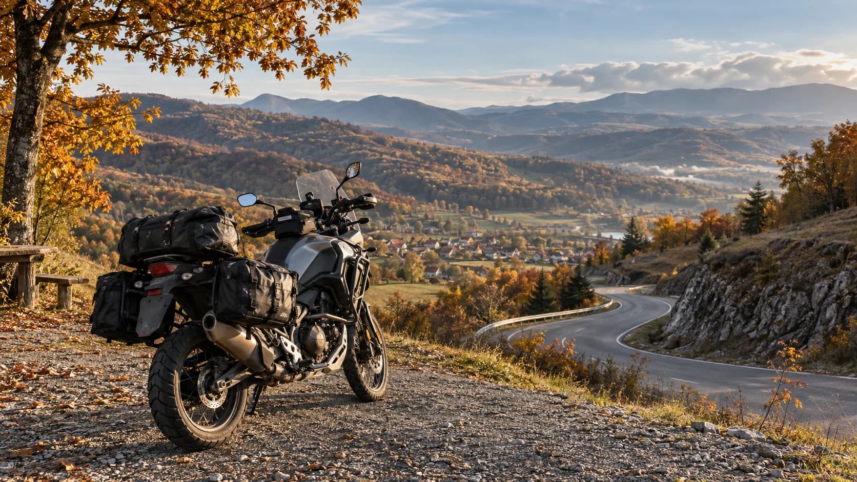 Motocicletă touring cu bagaje pe un drum de toamnă spre zona Hațeg