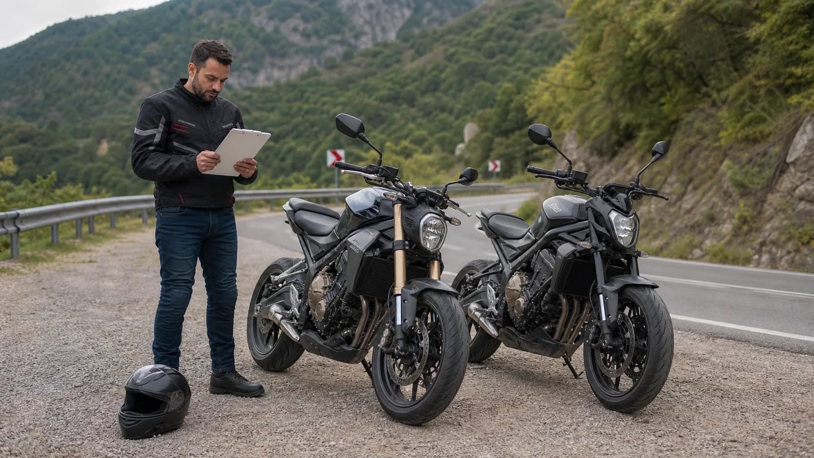 Imagine editorială despre cum compari două motociclete pe același traseu