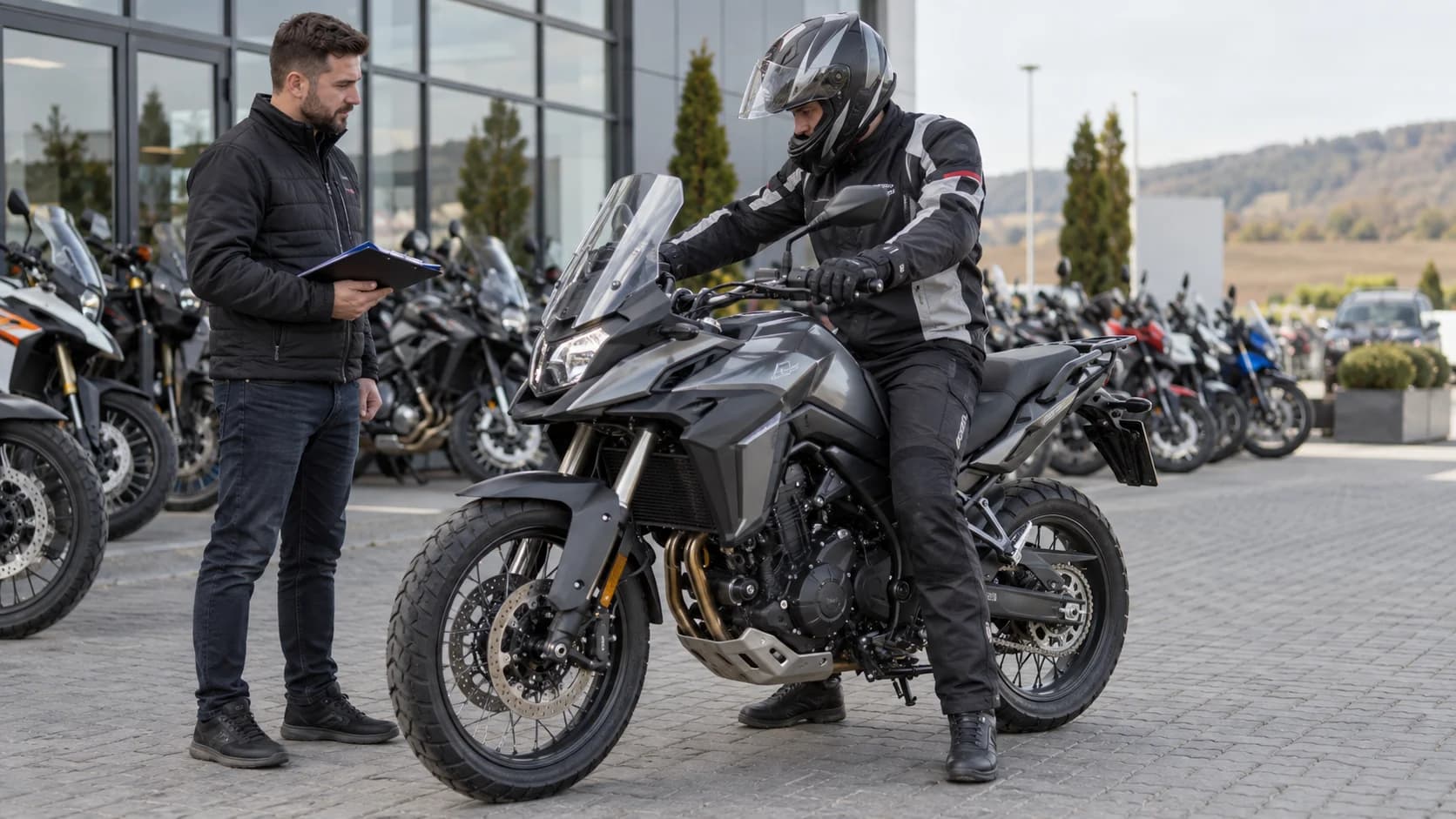 Rider verifică o motocicletă adventure în fața unui showroom înainte de test ride