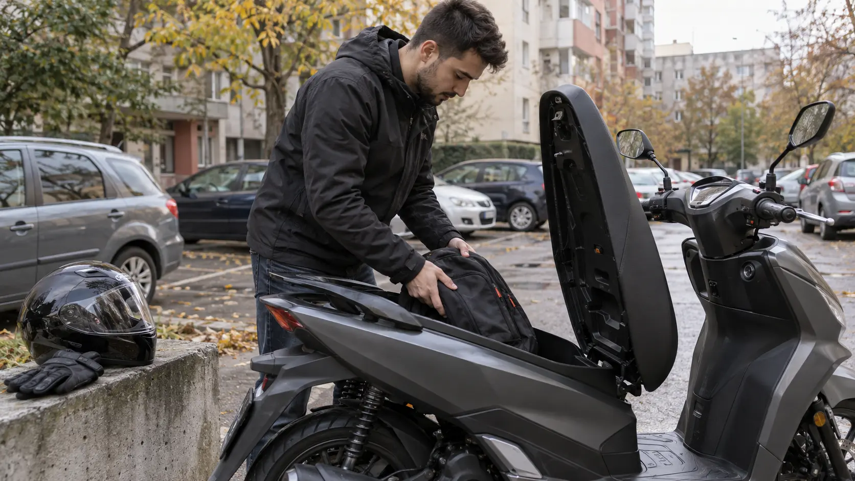 Rider care verifică spațiul sub șa al unui scuter într-o parcare de bloc
