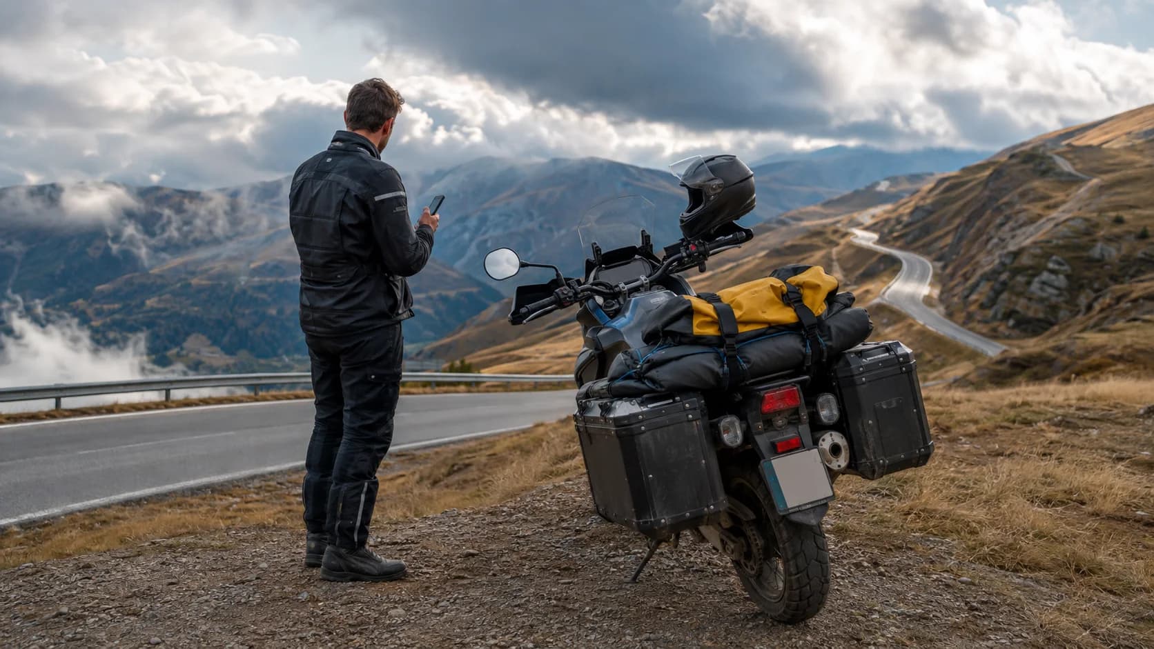 Motocicletă touring cu bagaje oprită pe un drum montan înalt înainte de vreme schimbătoare