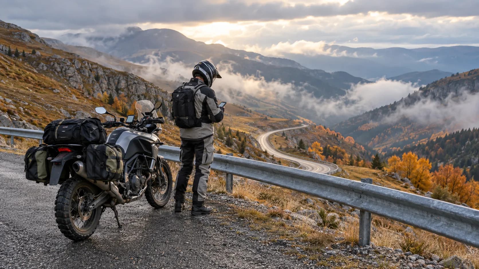 Motocicletă adventure oprită pe Transalpina toamna cu nori joși și serpentine în fundal