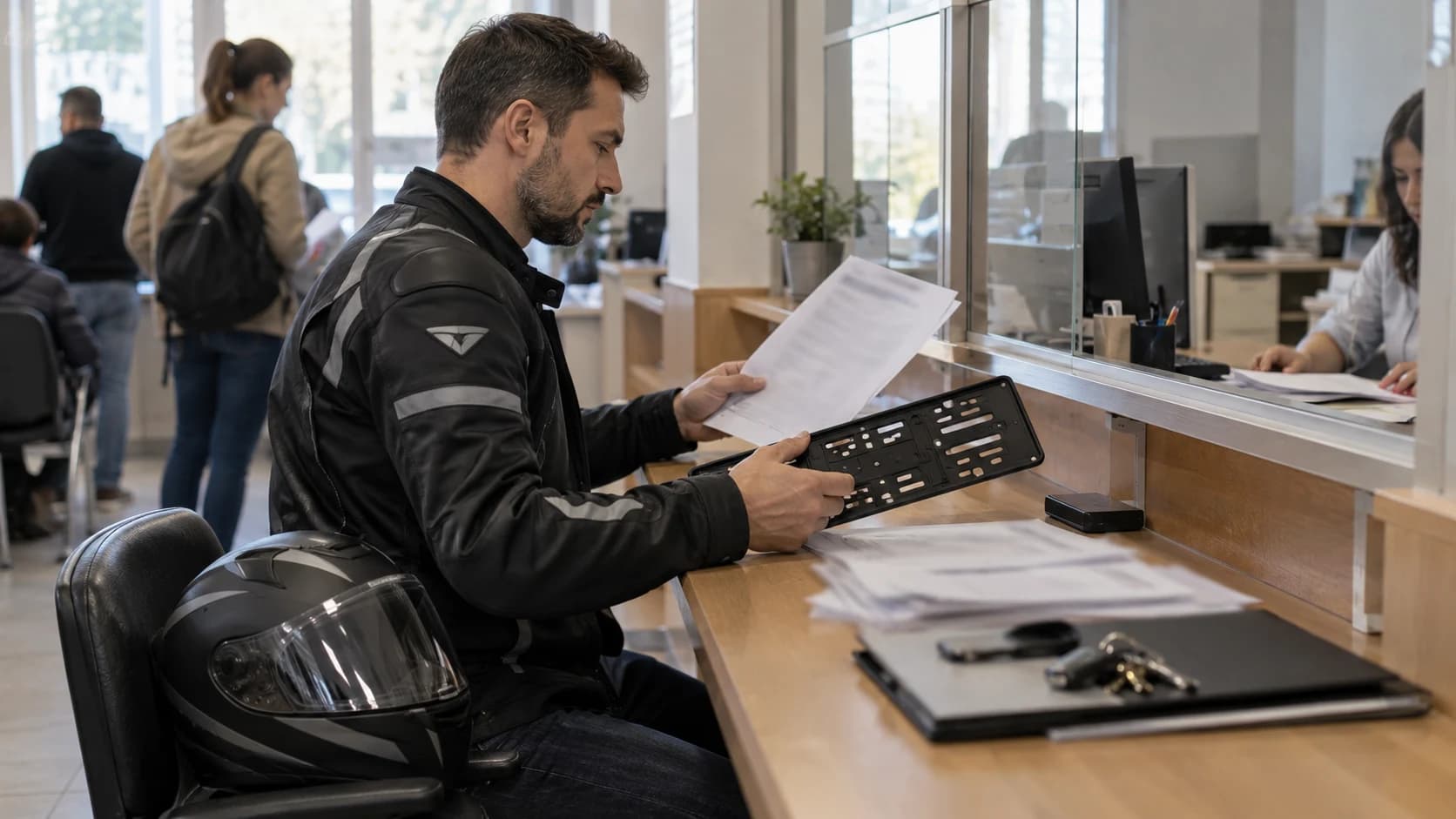 motociclist la ghișeu cu acte blurate și suport pentru număr