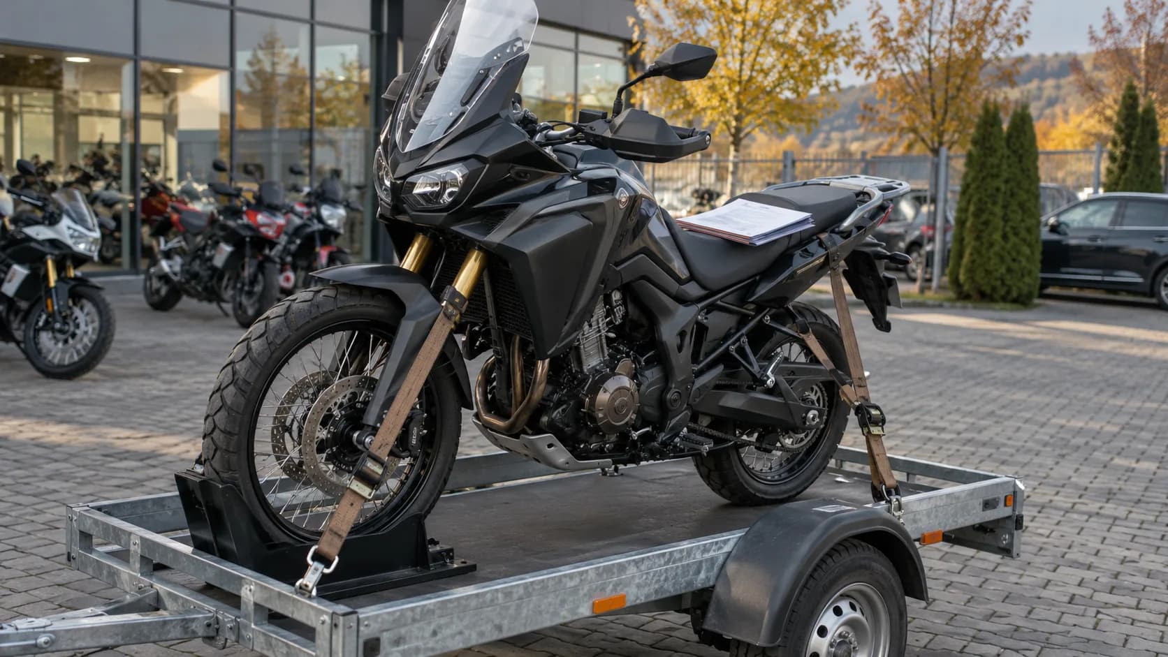 Motocicletă adventure fixată pe o remorcă în curtea unui dealer