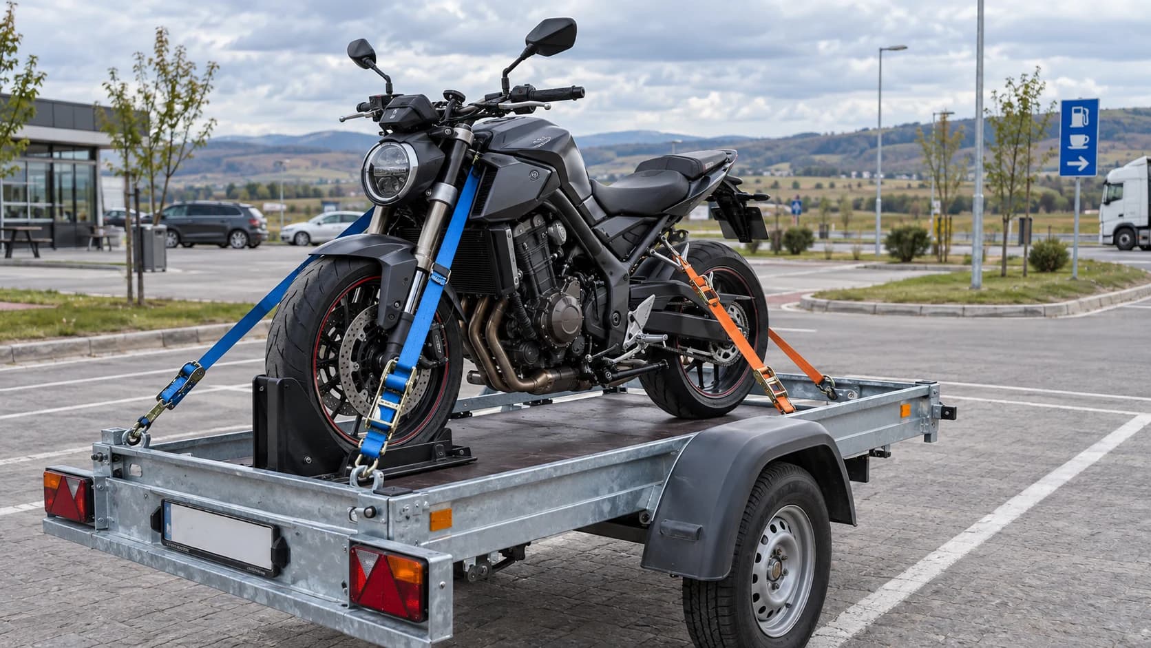 Motocicletă prinsă cu chingi pe o remorcă într-o parcare de service