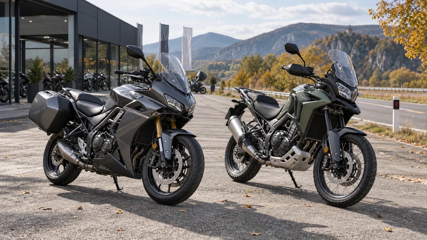 Două motociclete sport-touring și adventure-touring parcate lângă un showroom pe drum de munte