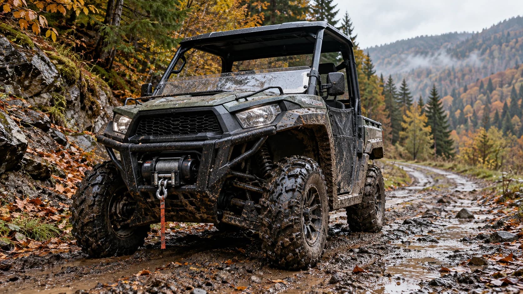 ATV utilitar cu troliu montat frontal pe un drum forestier umed
