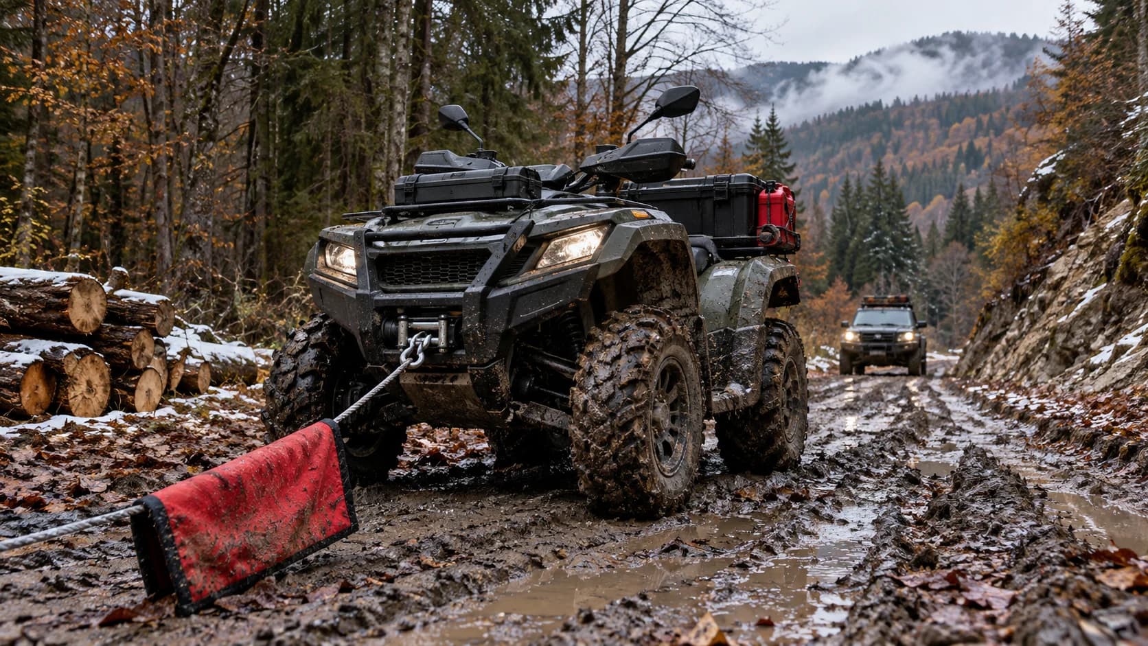 ATV utilitar cu troliu și cablu întins controlat pe un drum forestier noroios