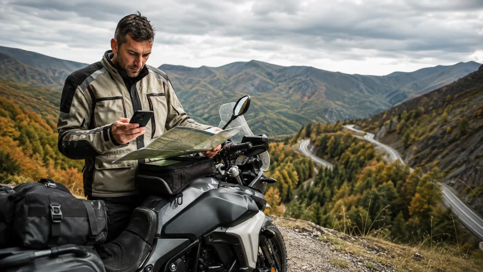 Motociclist cu hartă și telefon la un punct de belvedere montan într-o zi de toamnă
