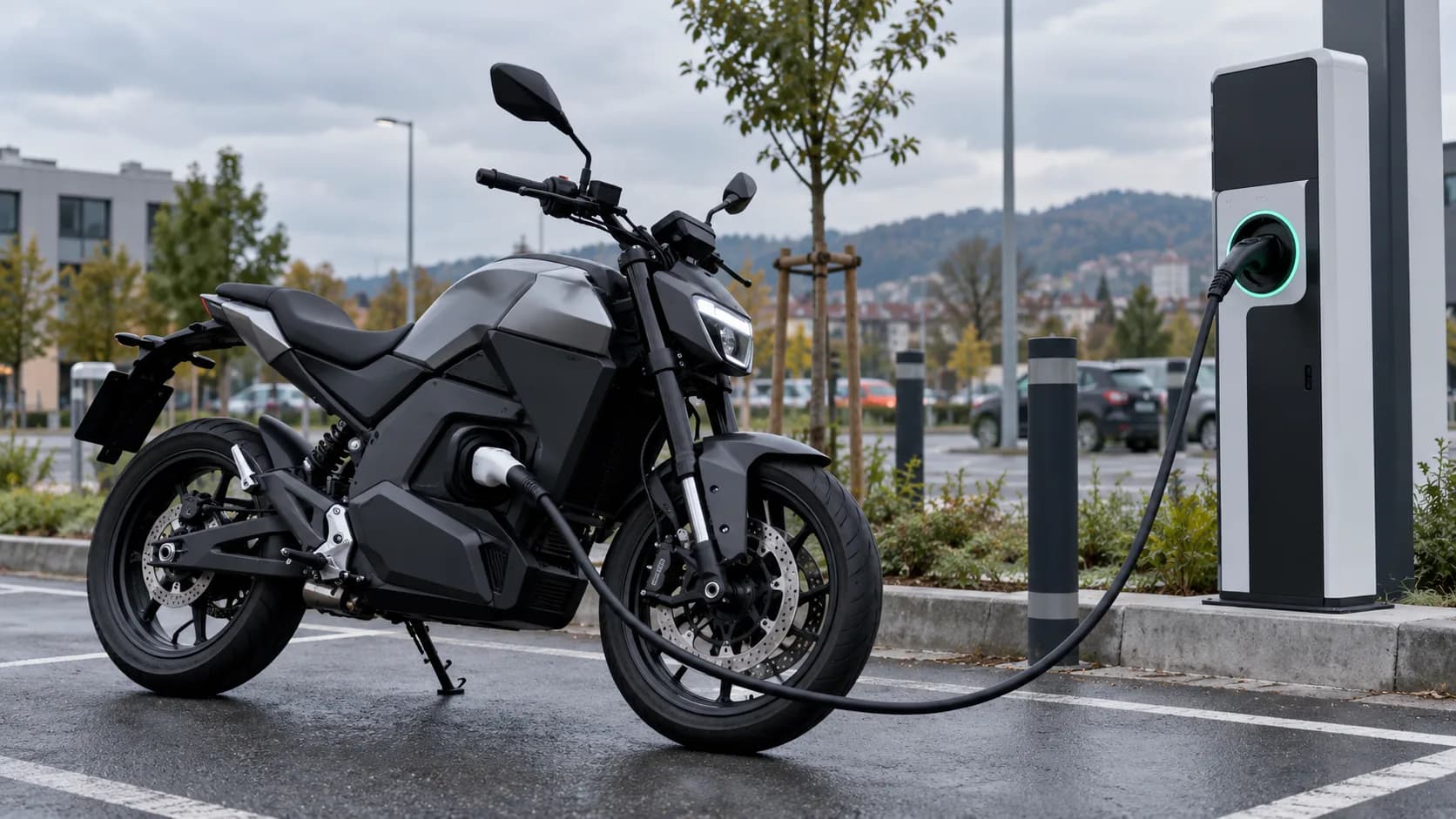 Motocicletă electrică fără sigle la o stație Type 2 europeană, cadru editorial realist fără text lizibil
