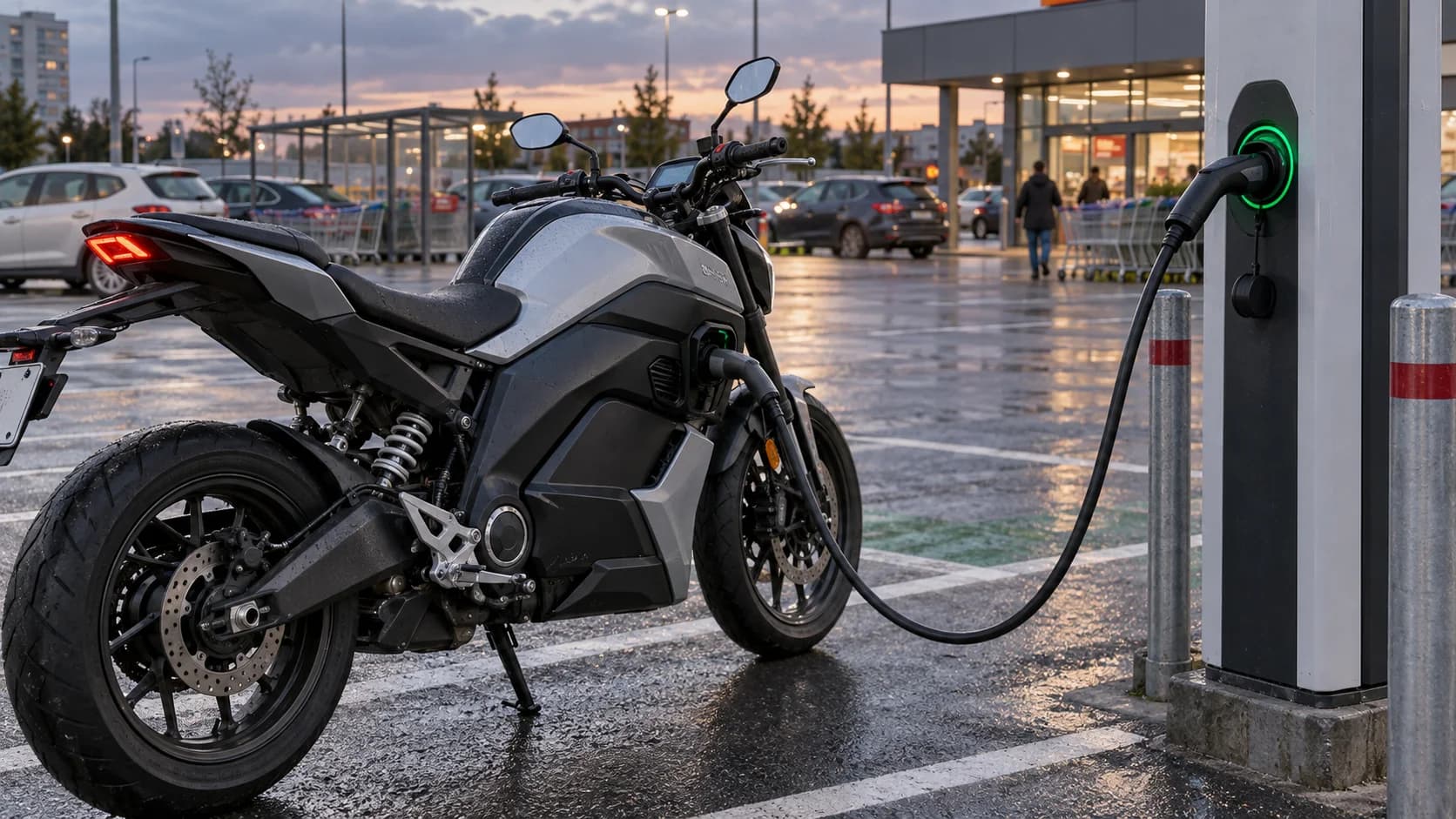 Motocicletă electrică conectată la o stație AC într-o parcare
