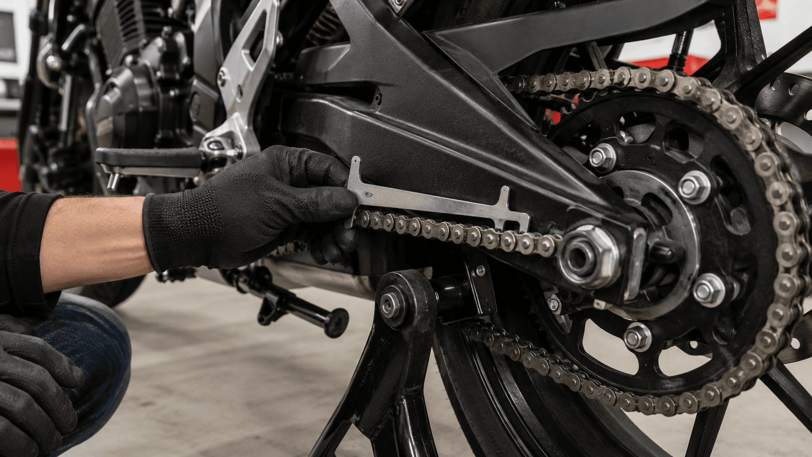 Mecanic care așază o unealtă generică de măsurare pe lanțul unei motociclete oprite