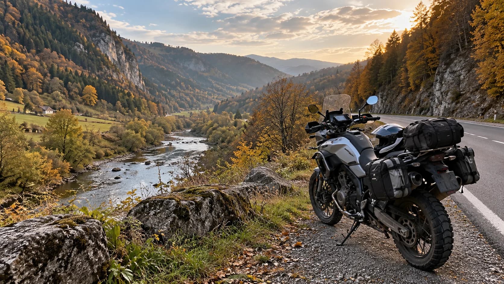 Scenă editorială cu Valea Arieșului cu motocicleta pe un drum din România, fără text vizibil