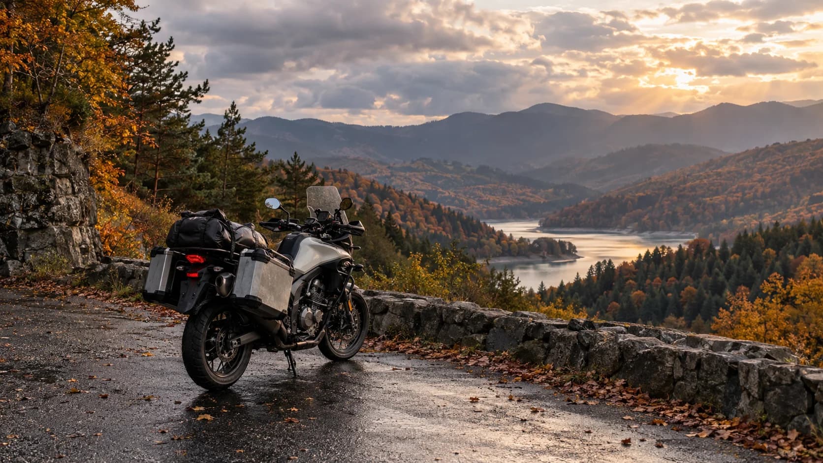 motocicletă touring parcată pe un drum de munte umed în culori de toamnă
