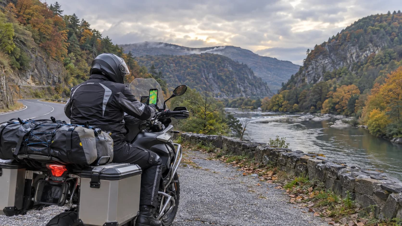 Motocicletă touring oprită lângă un râu pe un drum de munte toamna
