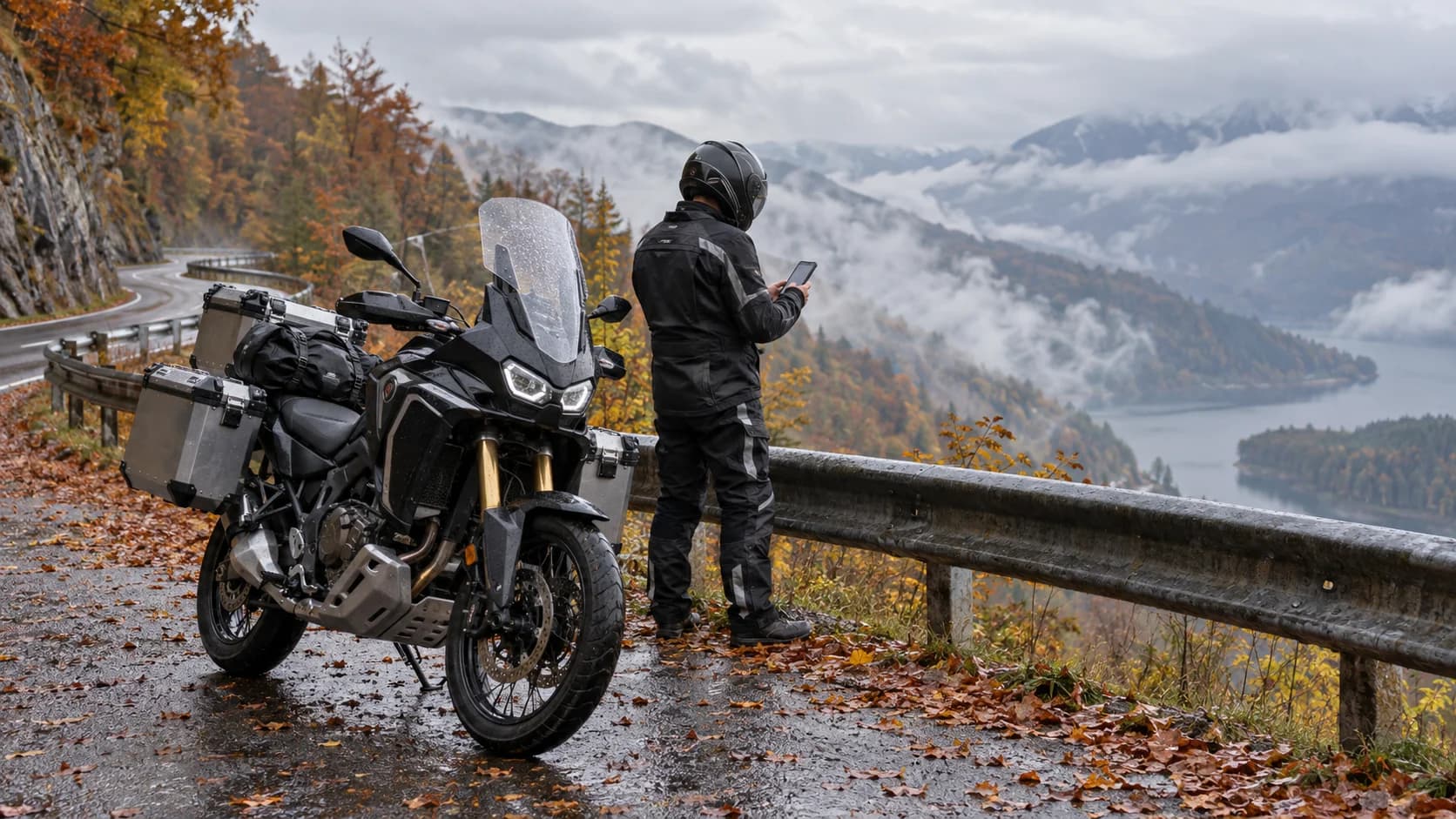 motocicletă touring oprită la un punct de belvedere pe drum montan umed