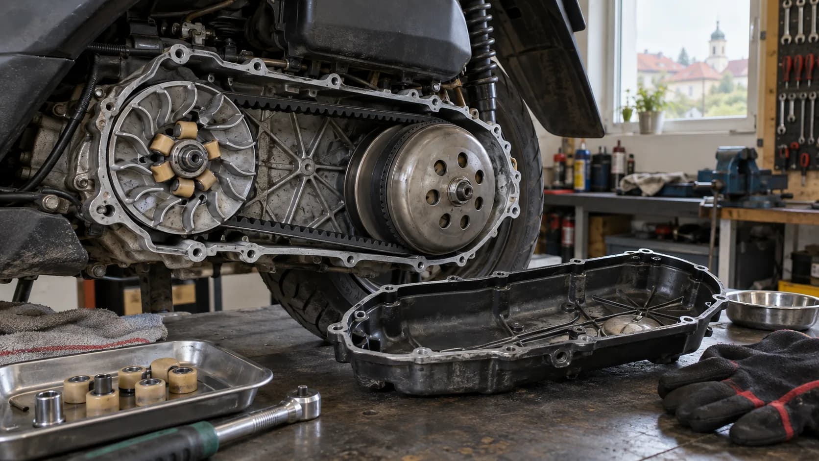Transmisie CVT de scuter desfăcută într-un atelier