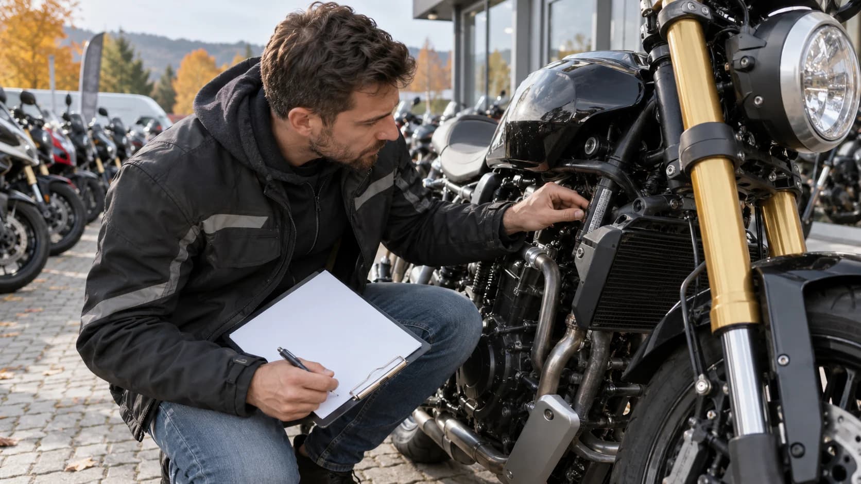 Cumpărător care verifică seria VIN și actele unei motociclete second-hand într-o curte de dealer