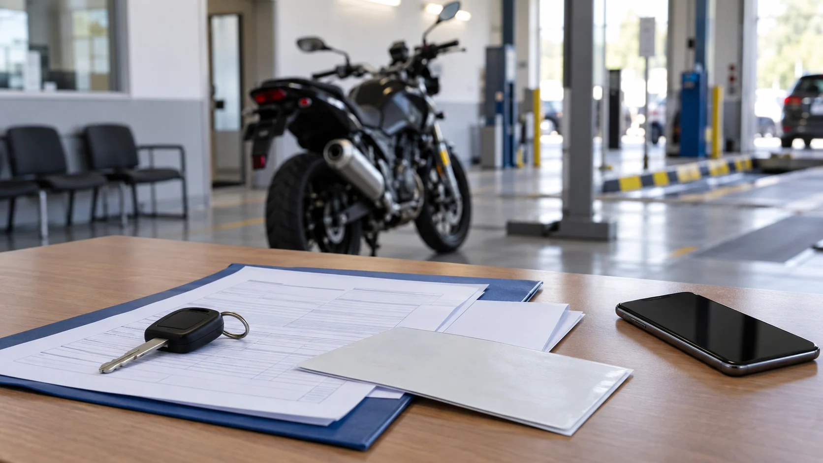 documente ITP și cheie de motocicletă într-o stație de verificare