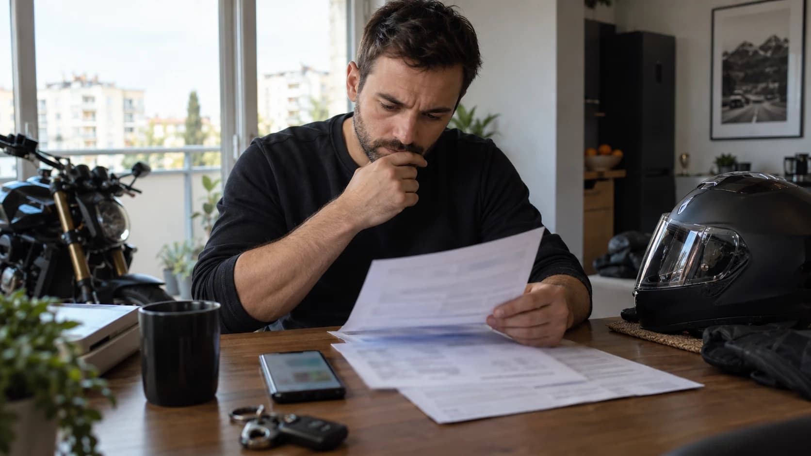 cumpărător verificând acte de motocicletă și telefon blurat la masă