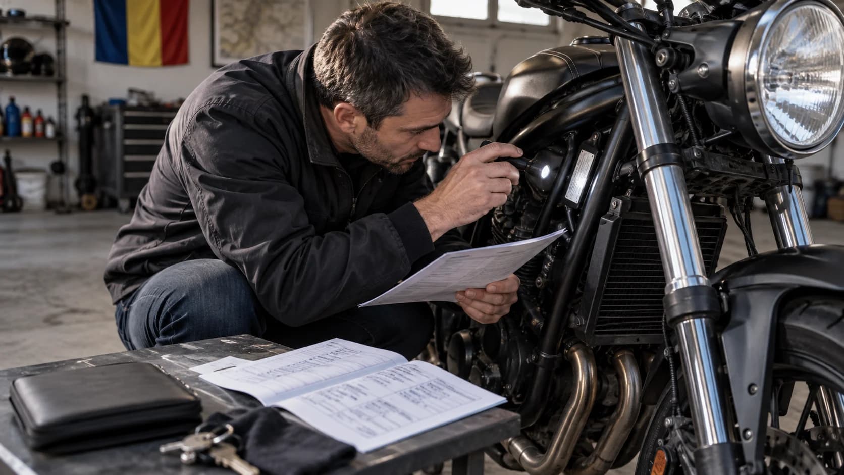 Cumpărător verificând seria VIN și documentele unei motociclete second-hand