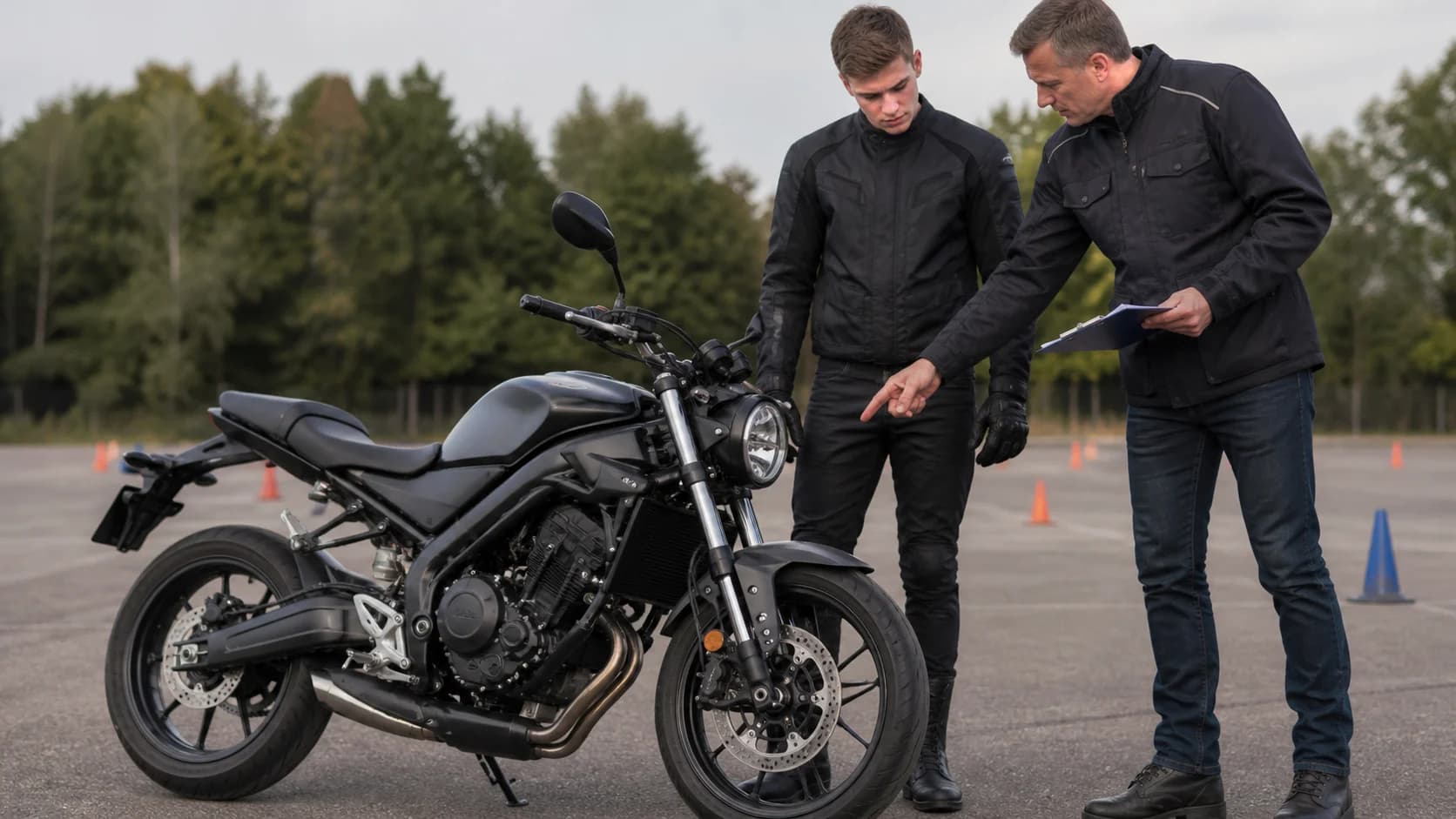 Instructor explicând caracteristicile unei motociclete compatibile A2