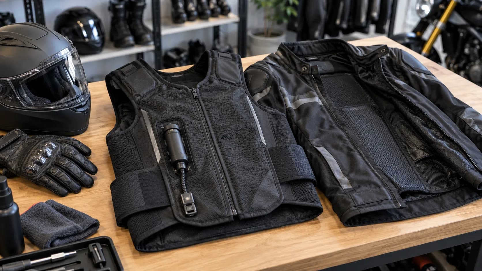 Vestă airbag moto și geacă de protecție așezate pe un banc de lucru