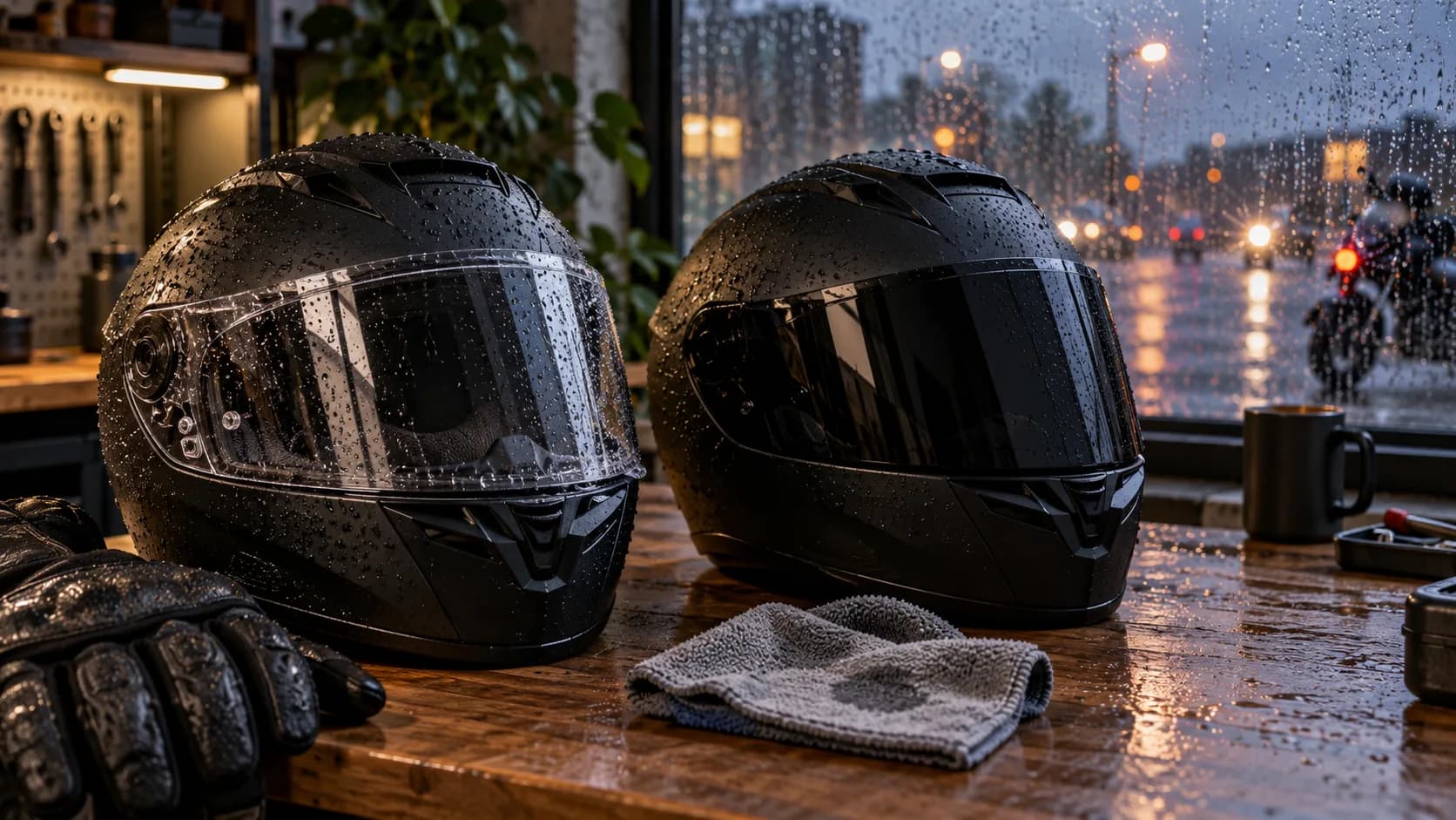 Cască moto cu vizieră clară și vizieră fumurie pe o masă de service, lumină naturală, fără logo