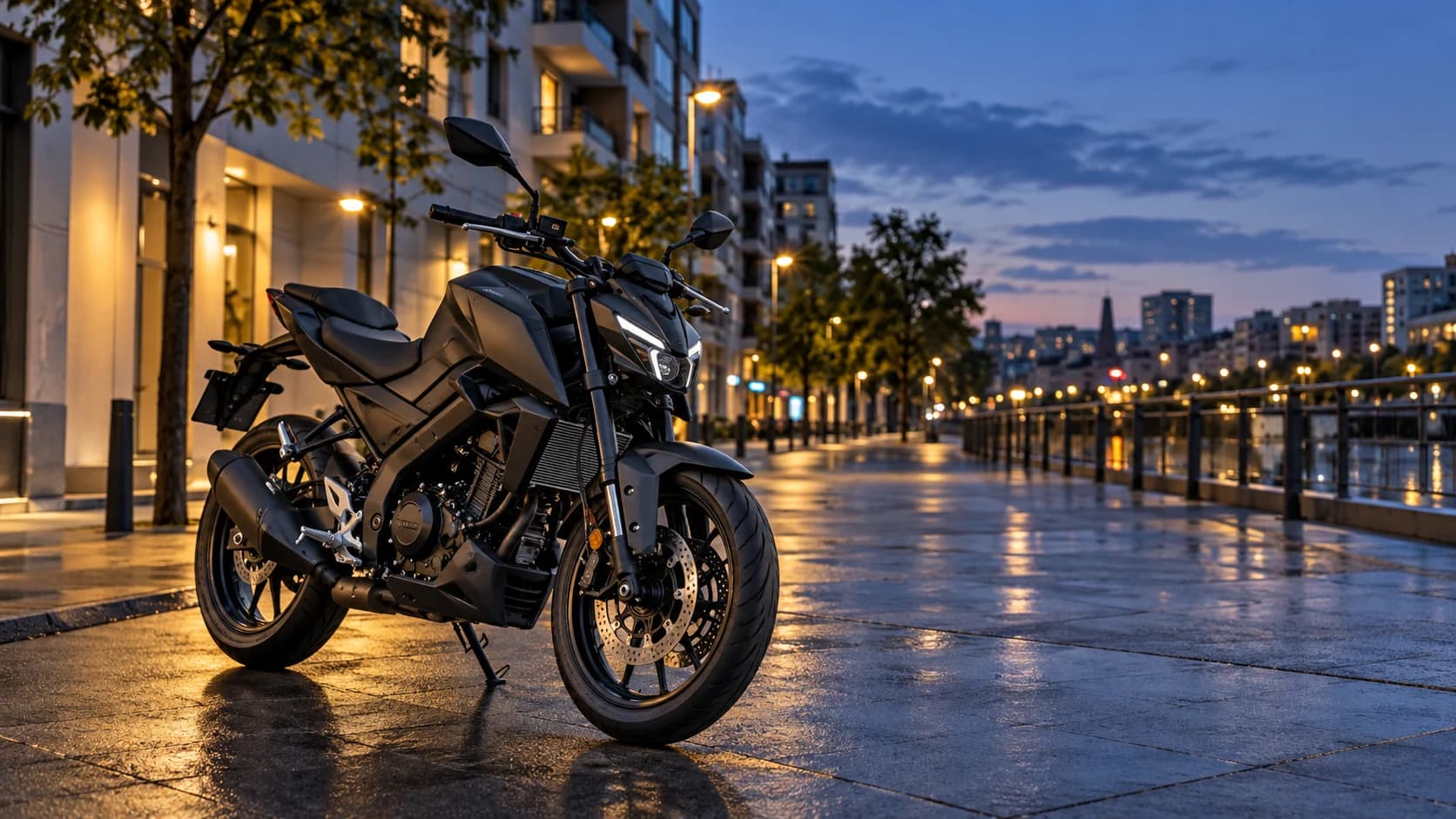 Motocicletă naked de 125 cmc parcată pe o stradă urbană la apus