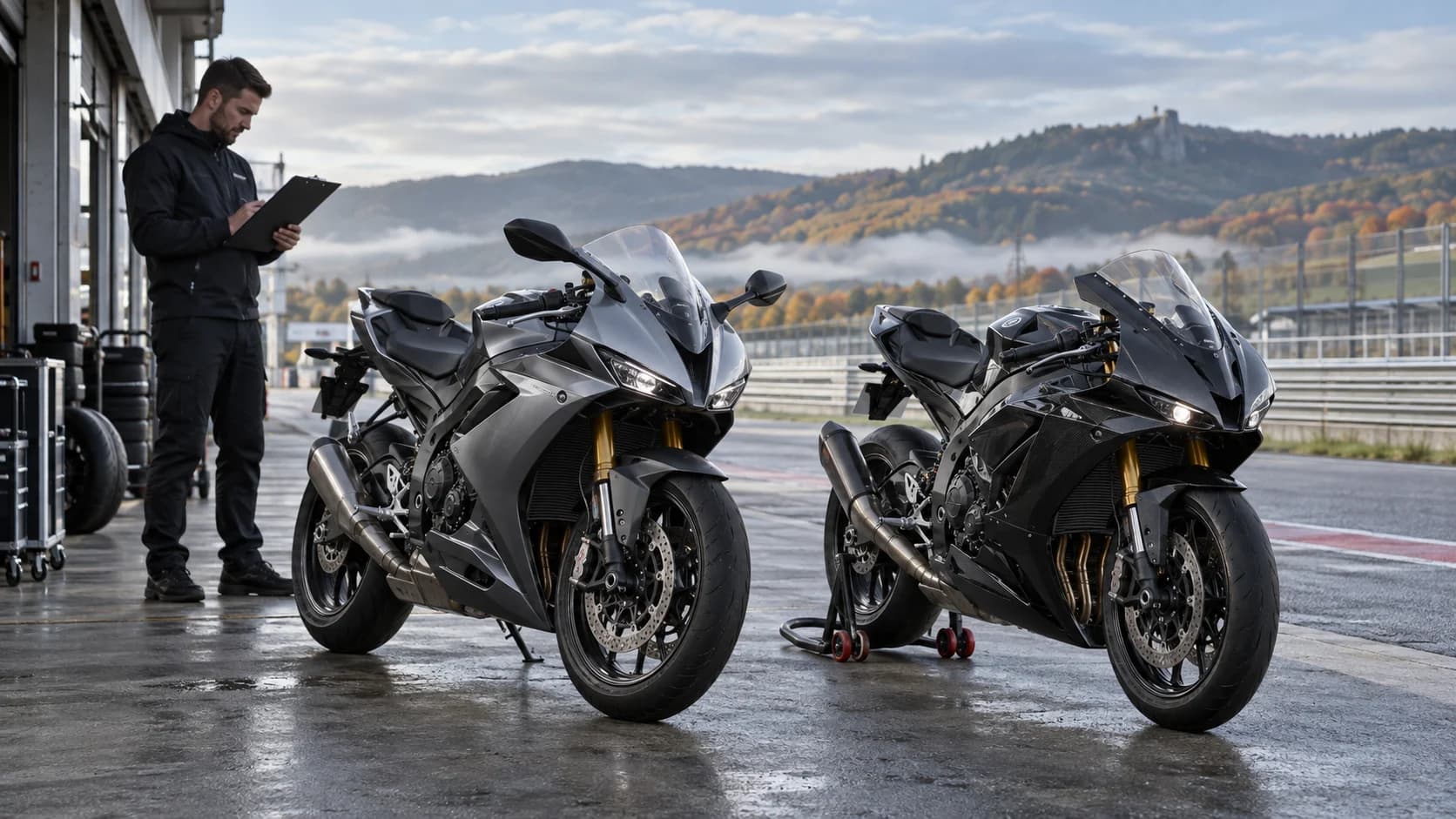 Două motociclete sport fără sigle comparate într-un paddock de circuit