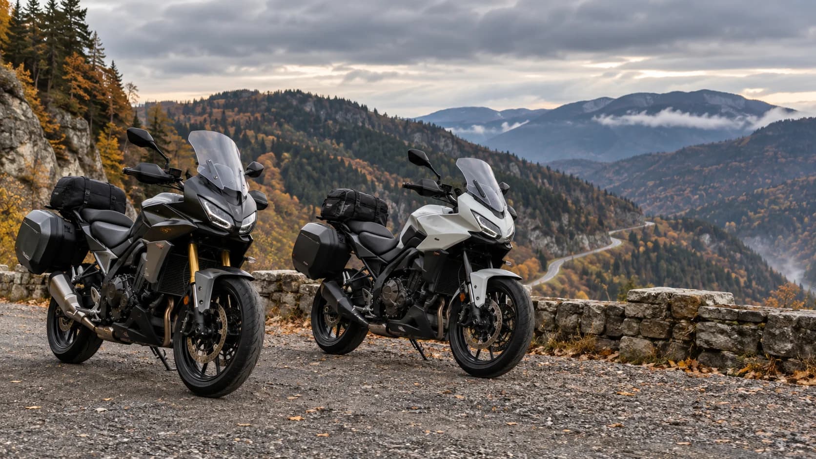 Două motociclete sport-touring de cilindree medie pe o parcare de munte, fără sigle vizibile