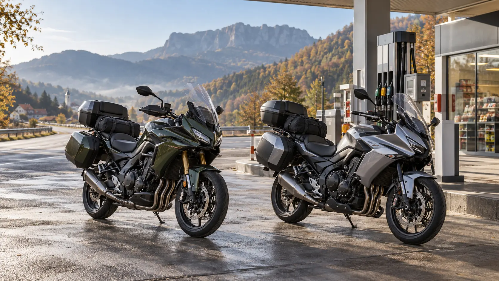 Două motociclete sport-touring parcate la o benzinărie de munte