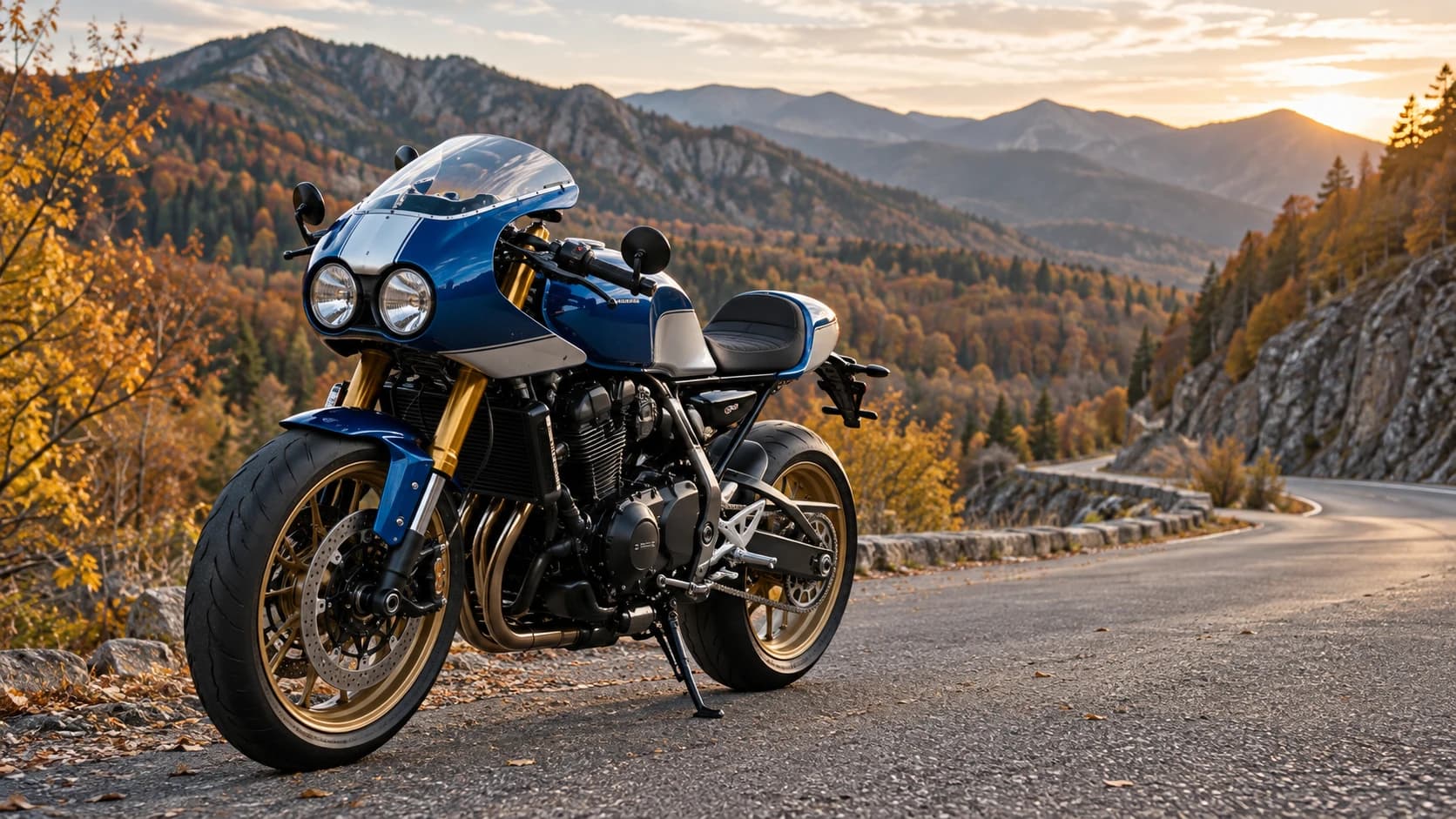 Motocicletă sport heritage albastră, cu carenaj, pe un drum montan de toamnă