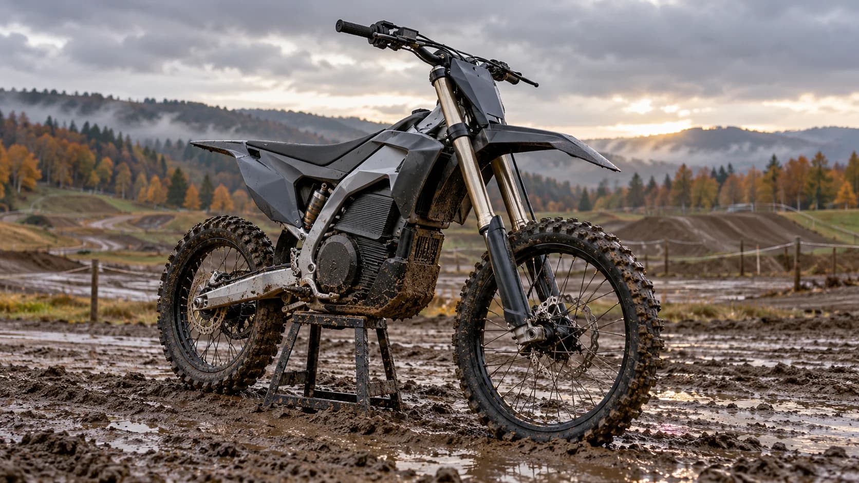 motocicletă electrică de motocross pe pistă noroioasă