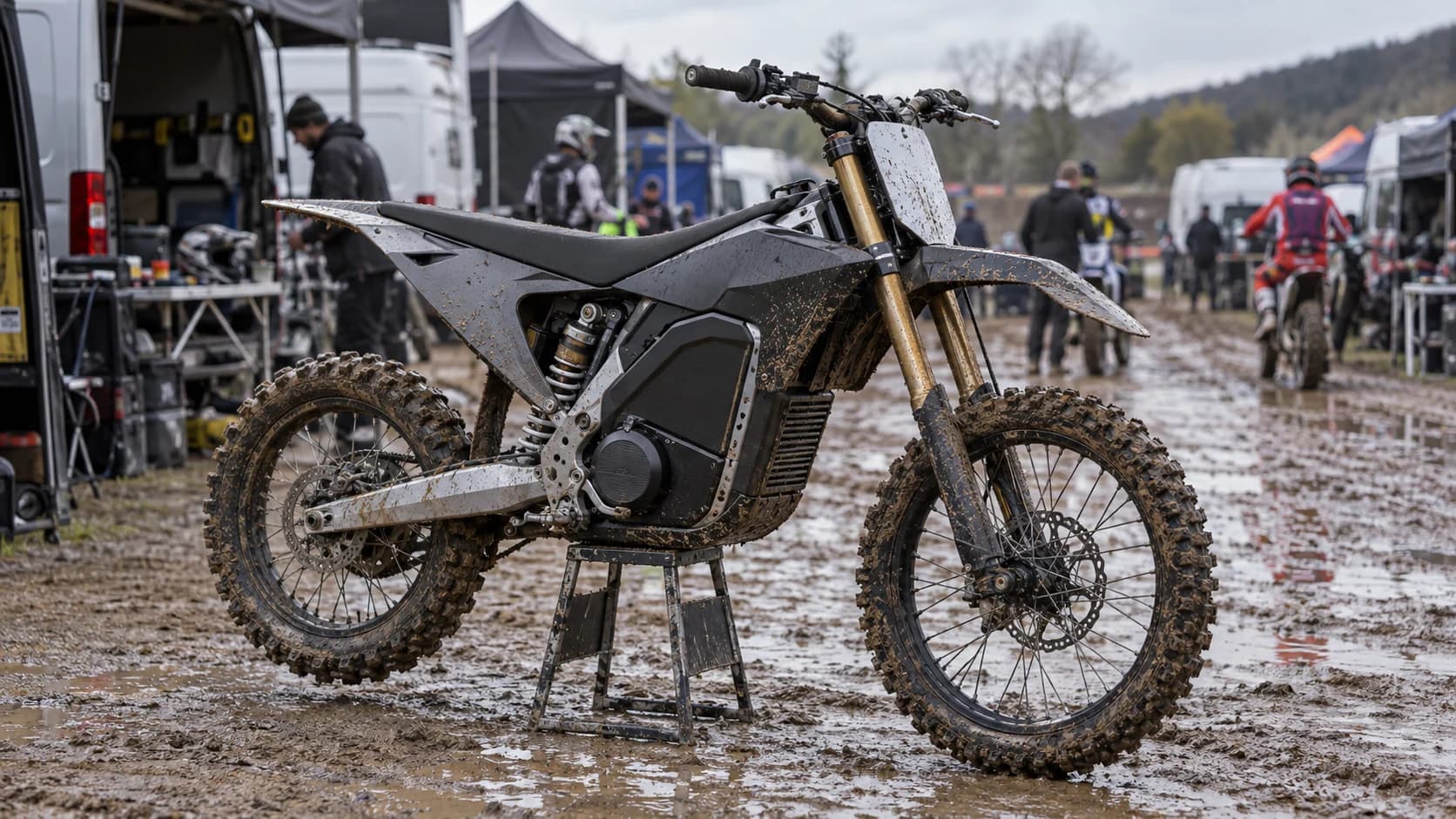 Concept electric de motocross acoperit de noroi într-un paddock european